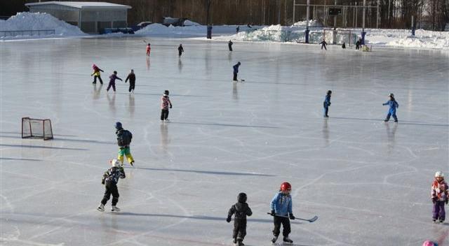 Bandyplan vid Gärdehov med många barn på isen.