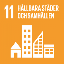 Logotyp för FNs hållbara mål nummer 11 - orange bakgrund med vit text och illustration av hus. I texten står det  "11" och "Hållbara städer och samhällen"