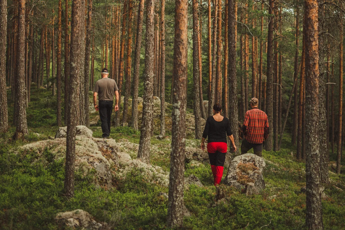 Några människor som går genom en skog.