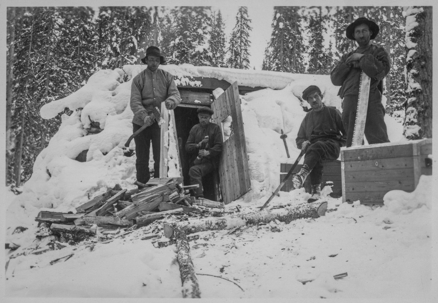Fyra skogsarbetare vid en skogsarbetarkoja, fotografering cirka 1900-1930.