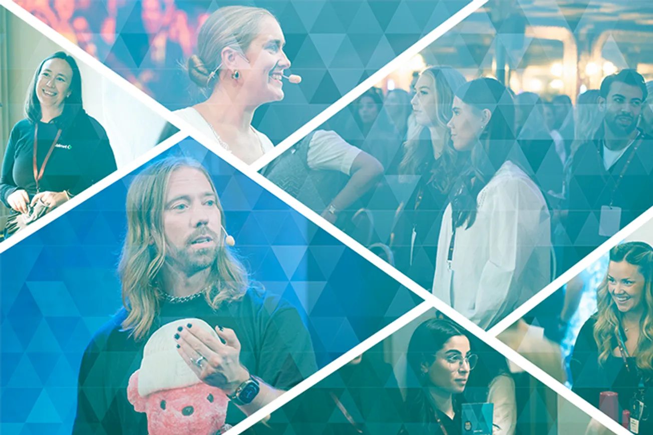 A collage of speakers and a networking event.