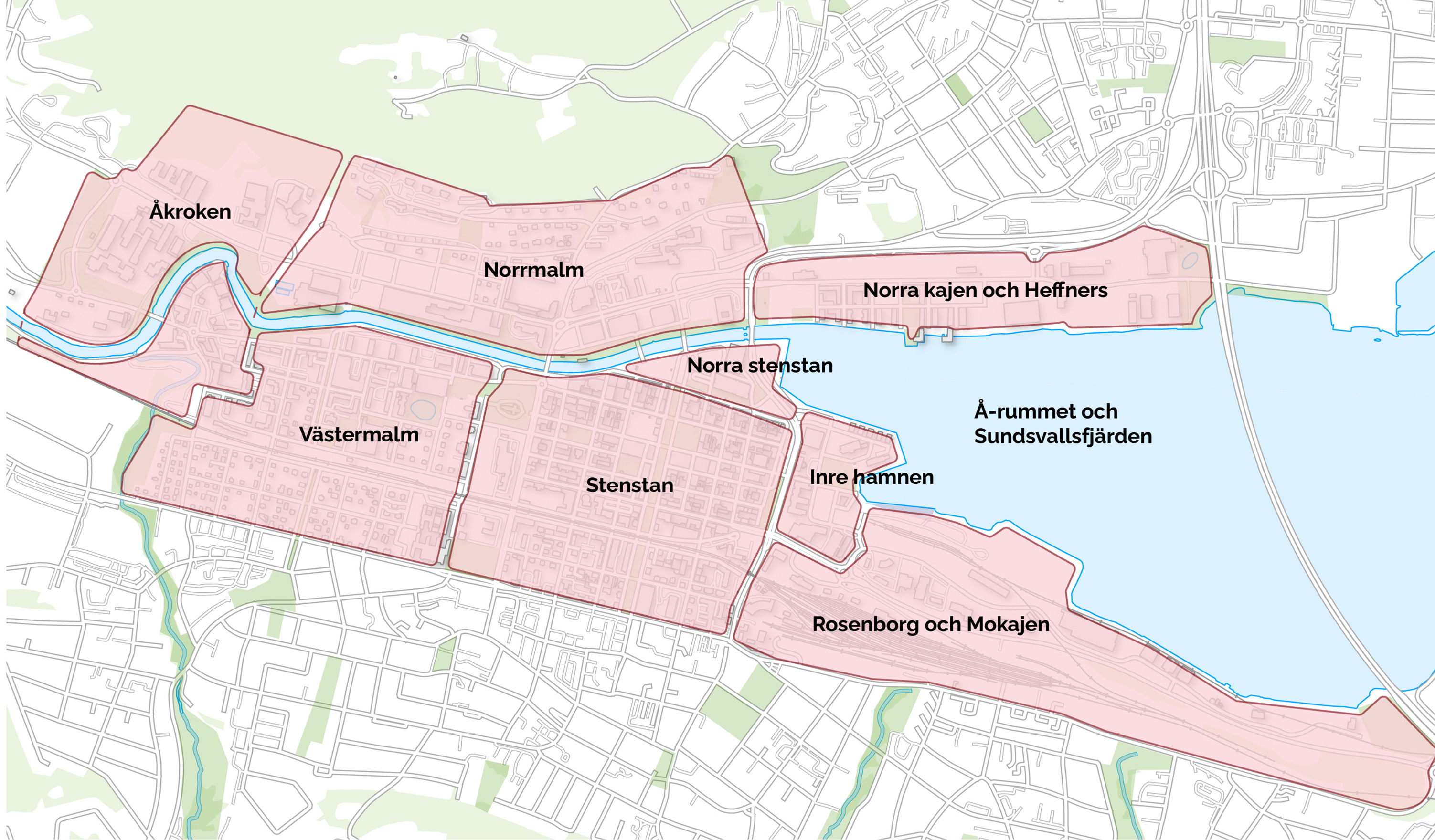 Karta över Stadsvisionens 9 utvecklingsområden
