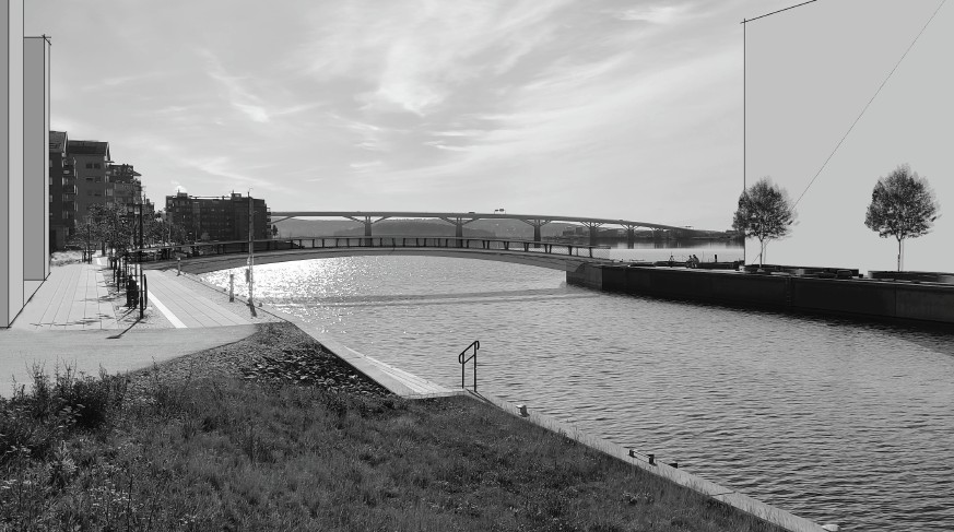 Visualisering av kajområde vid vatten med bred gångpromenad, trappor ner mot vattnet och en låg gång- och cykelbro i förgrunden. I bakgrunden syns en större bro över sundet samt bebyggelse längs kajen. Två träd och sittplatser är illustrerade på kajkanten.
