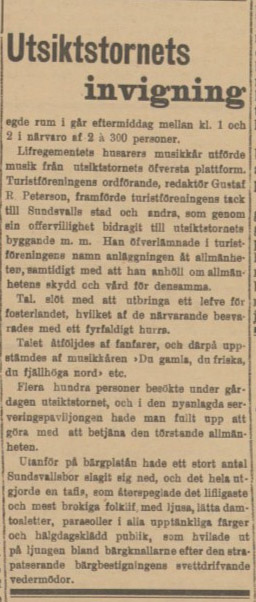 Tidningsartikel från invigningen av Norra Berget utsiktstorn. 