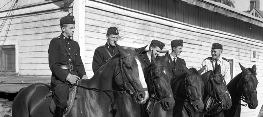 Fem poliser i uniform sitter på varsin häst.