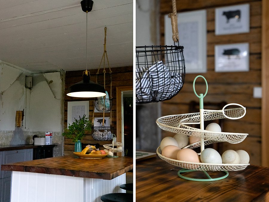 Två bilder i ett kollage. En bild på köksön inne i köket och en närbild på en äggkorg.
