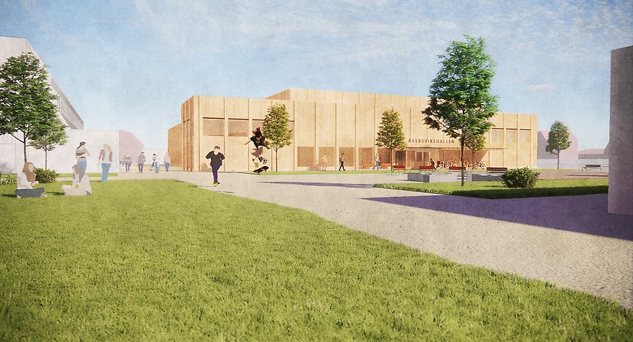 En illustration på Åkersviks skolas nya
idrottshall. Den är gjord i stora mängder trä och har många stora
fönster.  