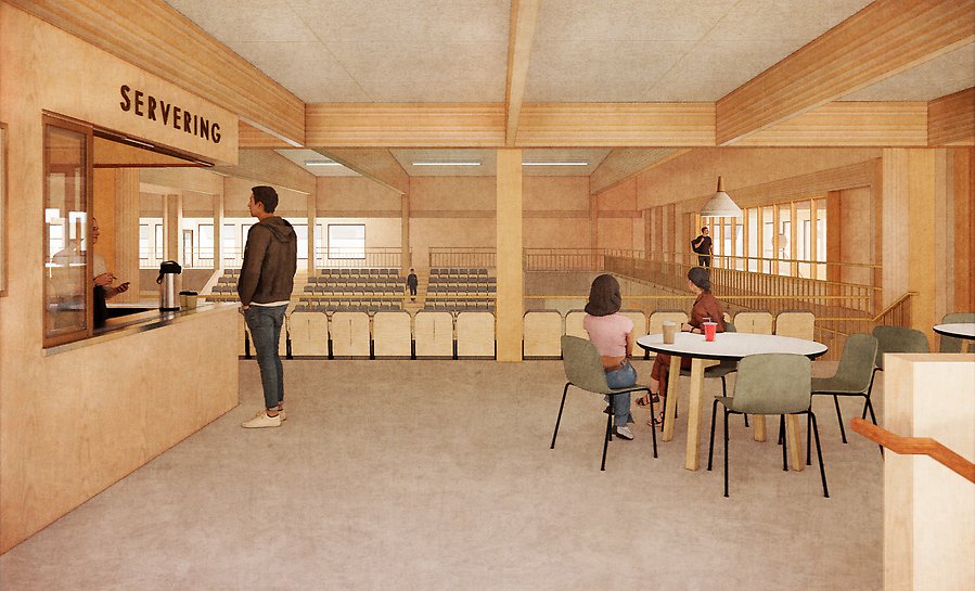 En illustration av insidan av nya idrottshallen vid Åkersvik. En serveringsyta med några bord och stolar.