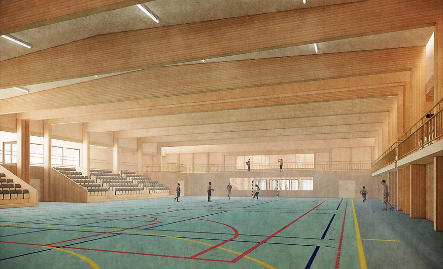 En illustration av Åkersviks skolas nya
idrottshall. En stor öppen hallyta med högt i tak. På det ljusblå golvet är det
många linjer ritade i gult, rött och svart. På sidan av den stora planen finns
det läktare med plats för många människor.