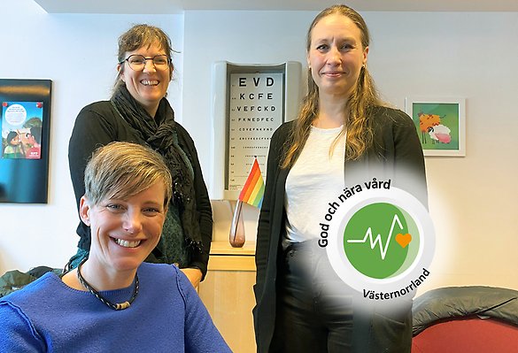 Tre tjejer står tillsammans intill texten god och nära vård i Västernorrland 