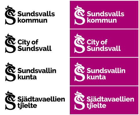 Varianter av logotyp för Sundsvalls kommun i svart och vit: svensk, engelsk, finsk och sydsamisk.